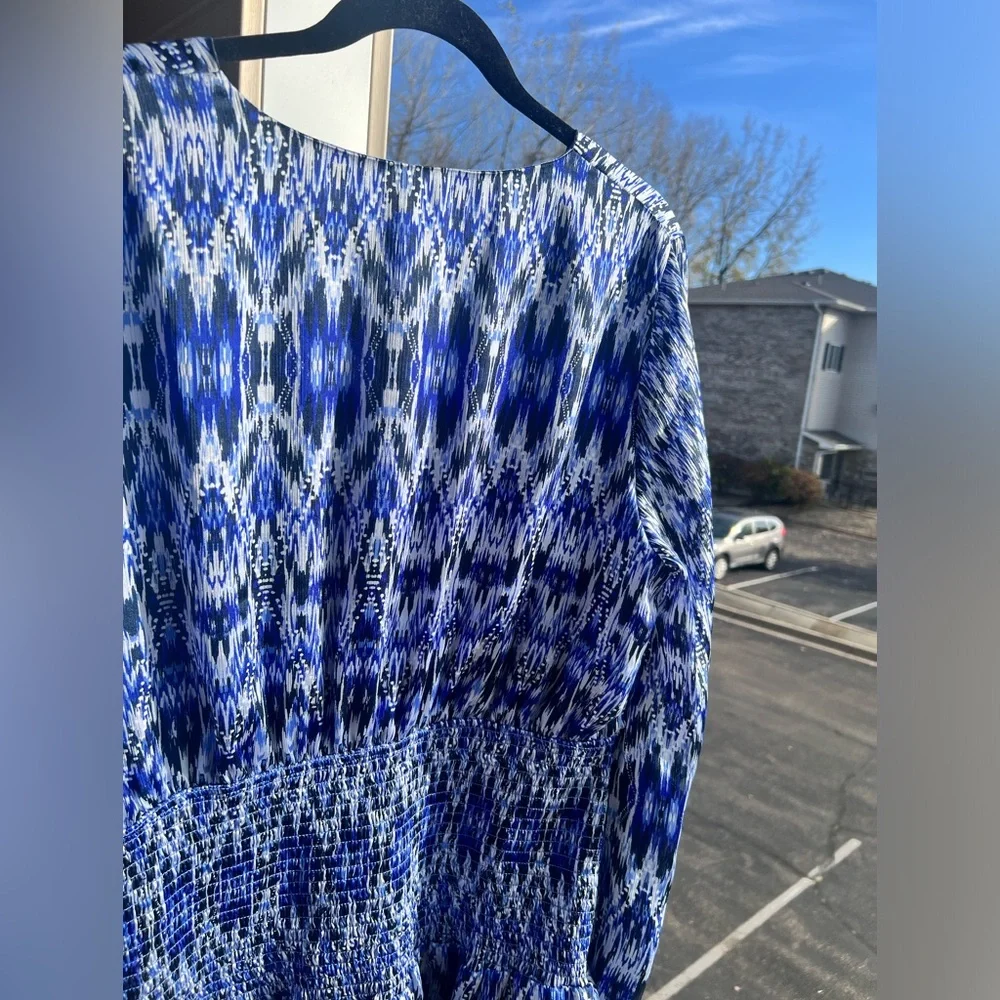 🆕🦋AQUA Blue Ikat Print Smocked Tiered Mini Dress Size XXL Boho Chicupoo Casual